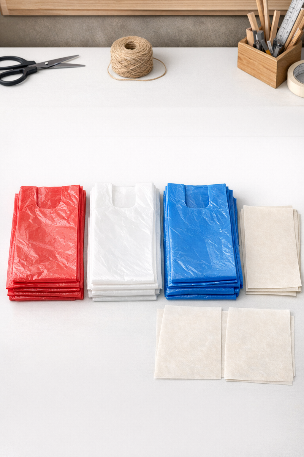 Plastic grocery bags and parchment paper laid out for the project