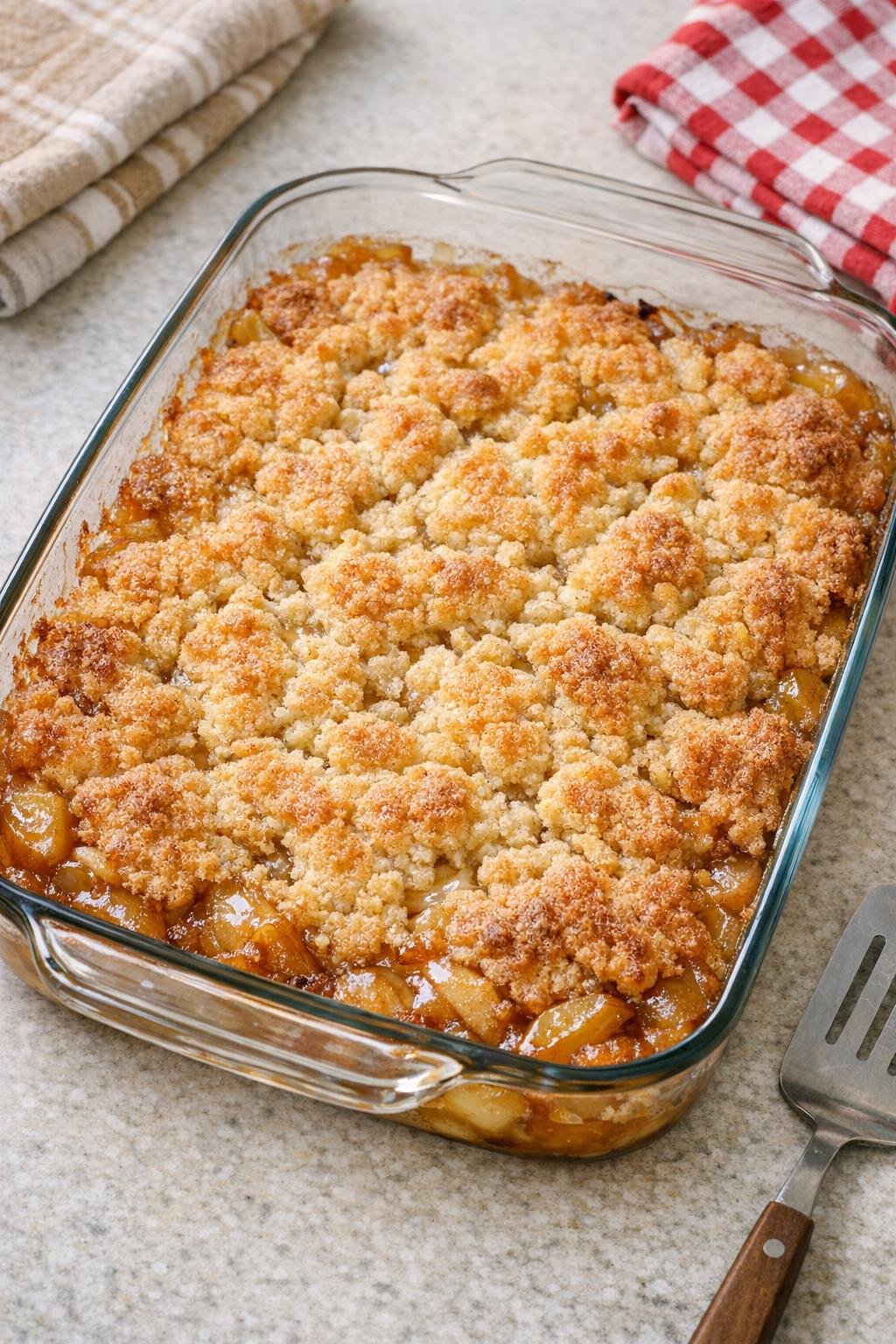 Freshly baked apple cobbler in a glass baking dish