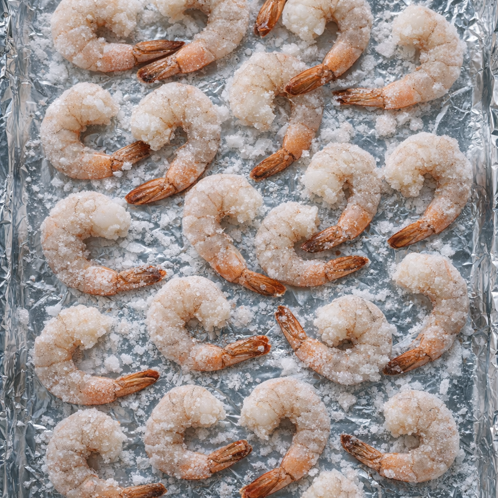 Frozen shrimp spread across a foil-lined sheet pan