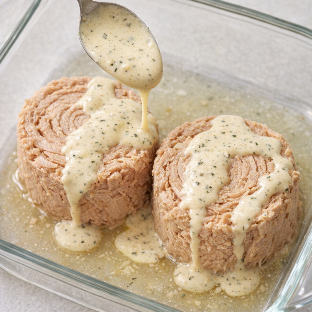 Creamy mustard sauce being spooned over tuna before baking