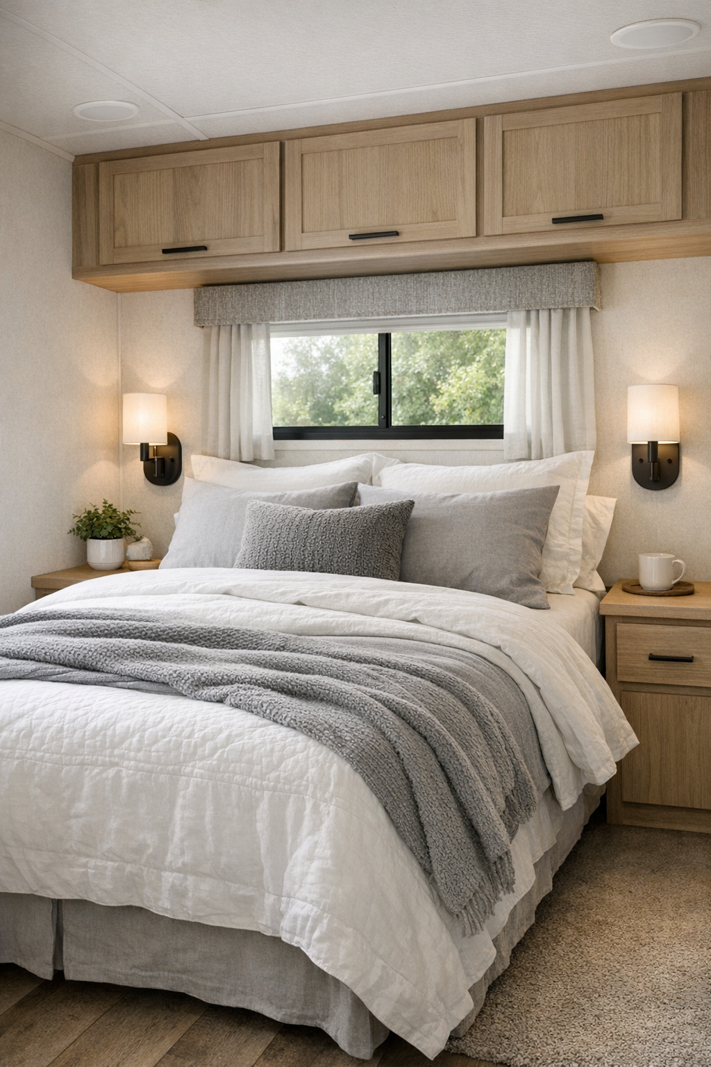 Serene modern RV bedroom with layered neutral bedding and light wood accents