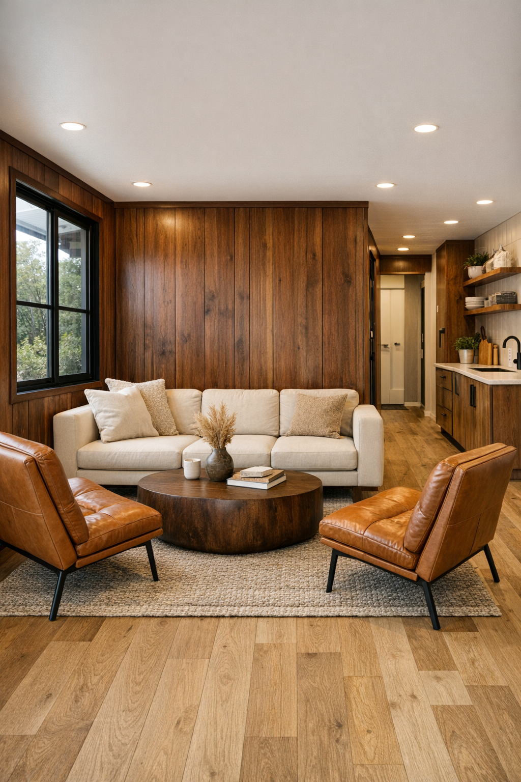 Mahogany-paneled living room with light seating and accessible open layout