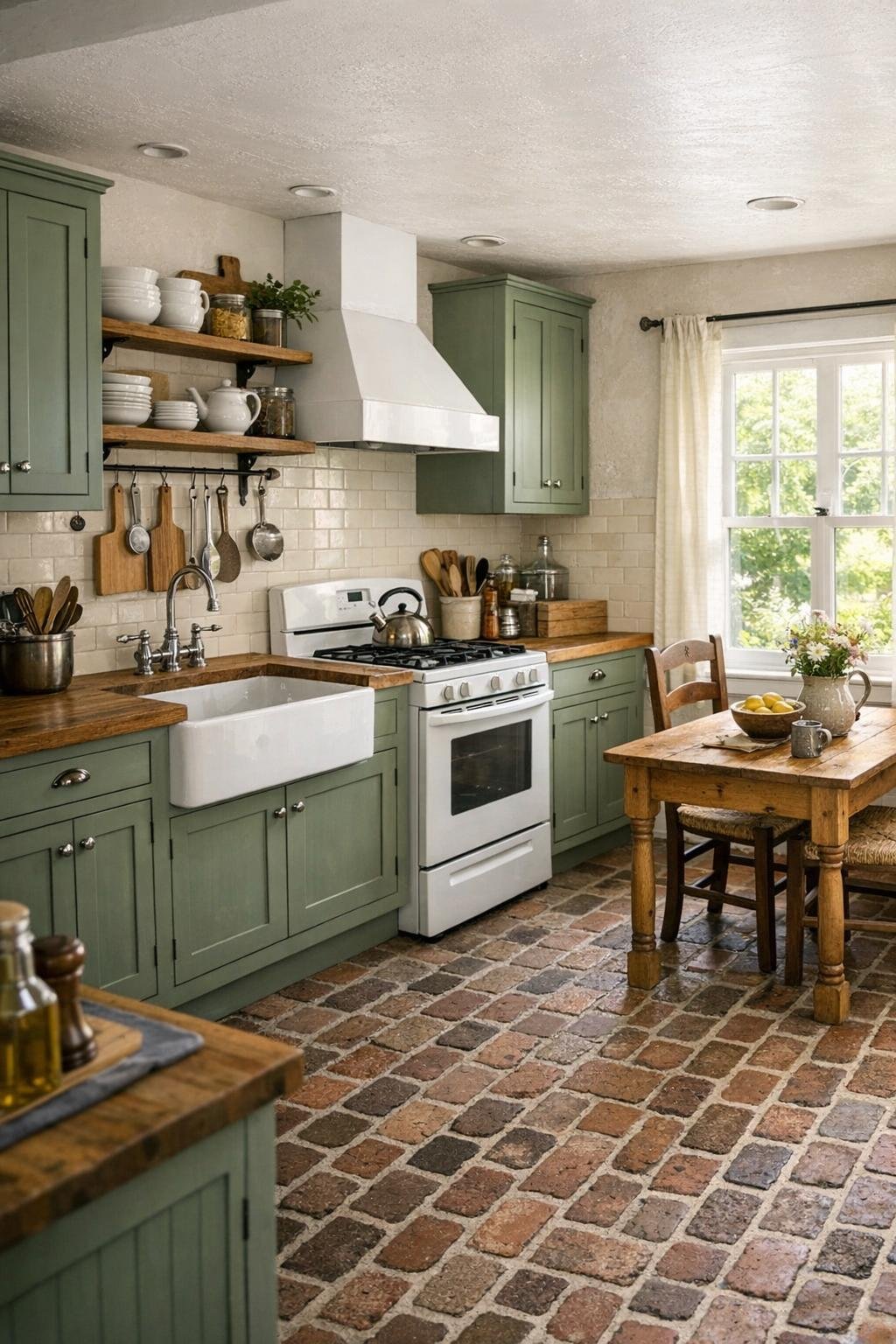 Charming cottage kitchen with sage cabinets and butcher-block counters