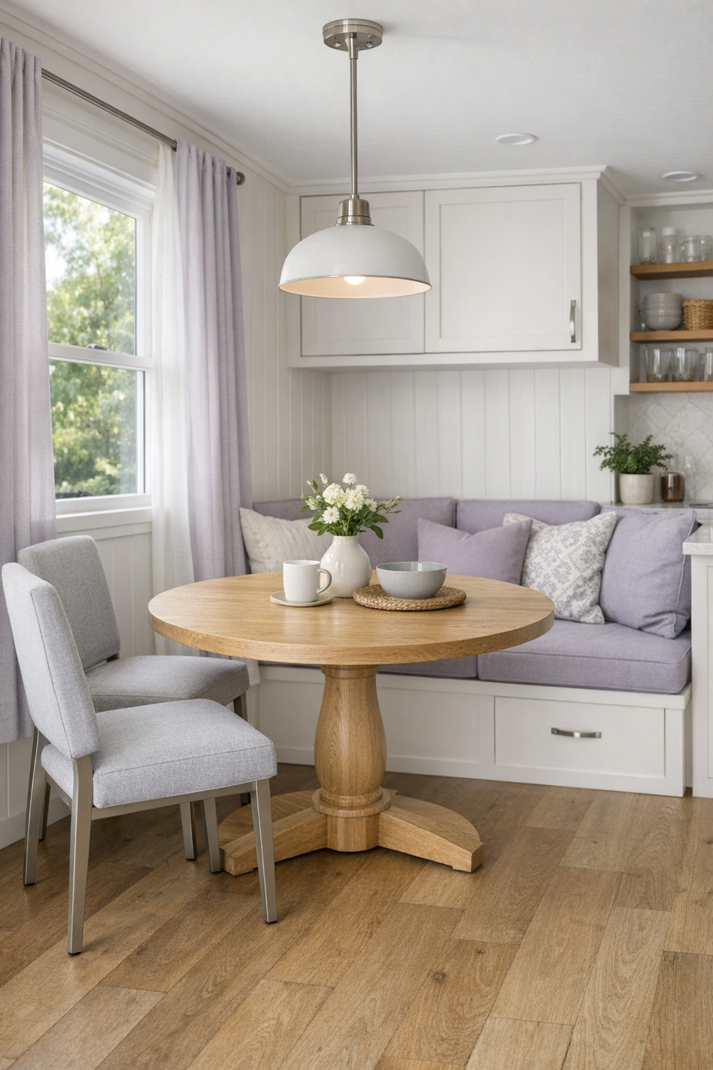 Round dining table and built-in banquette in a soft modern tiny home