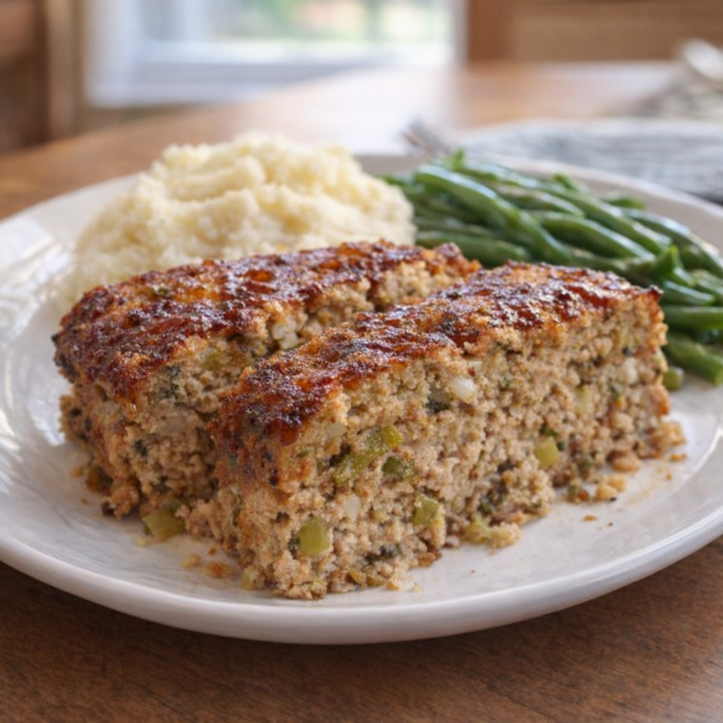 Sliced turkey stuffing meatloaf on a dinner plate