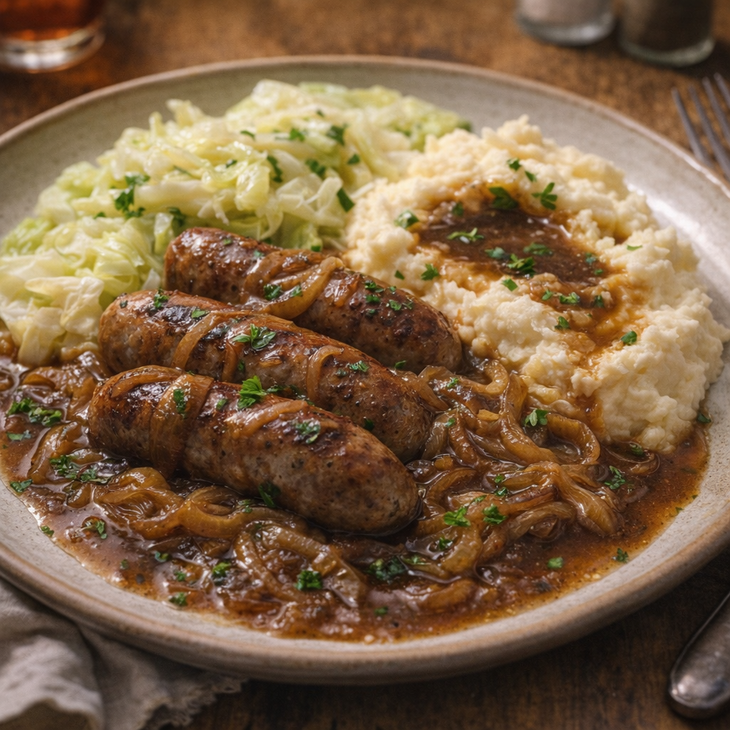 Plated bangers and onions with parsley and cabbage on the side