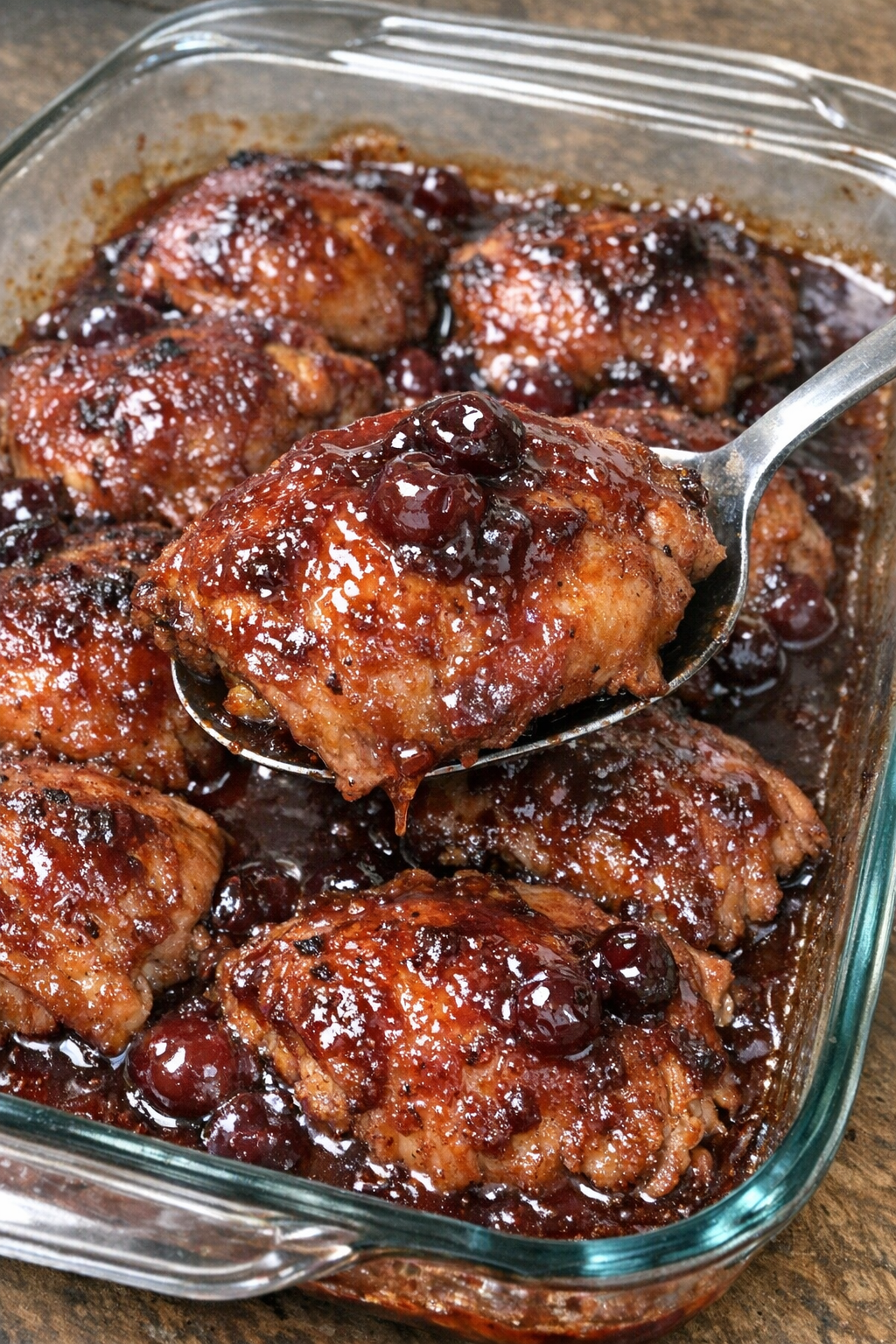 Caramelized chicken thighs with glossy cherry sauce in a glass baking dish