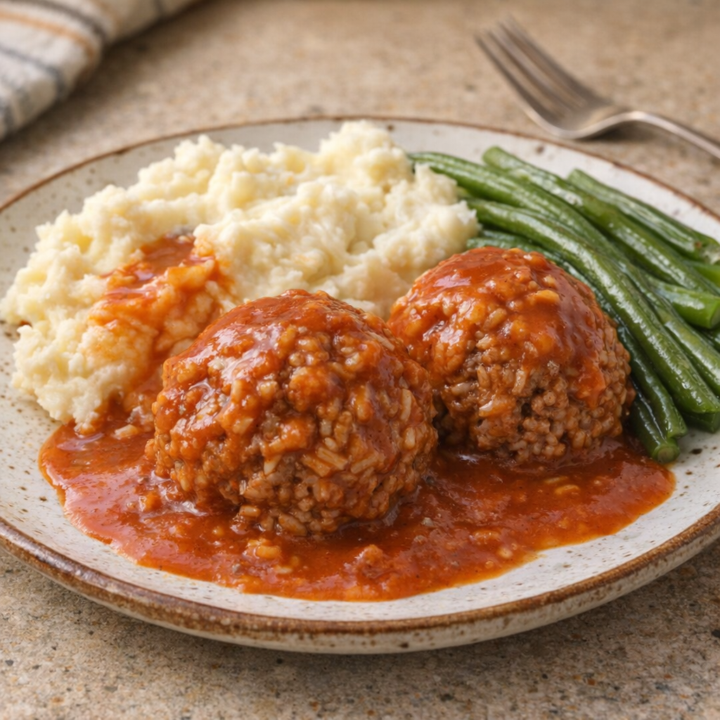 Served porcupine meatballs with mashed potatoes on a dinner plate