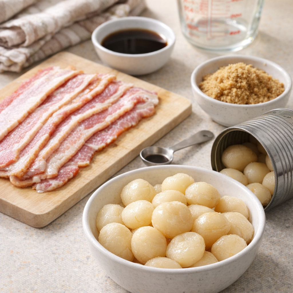 Simple ingredients for bacon wrapped water chestnuts arranged on a kitchen counter