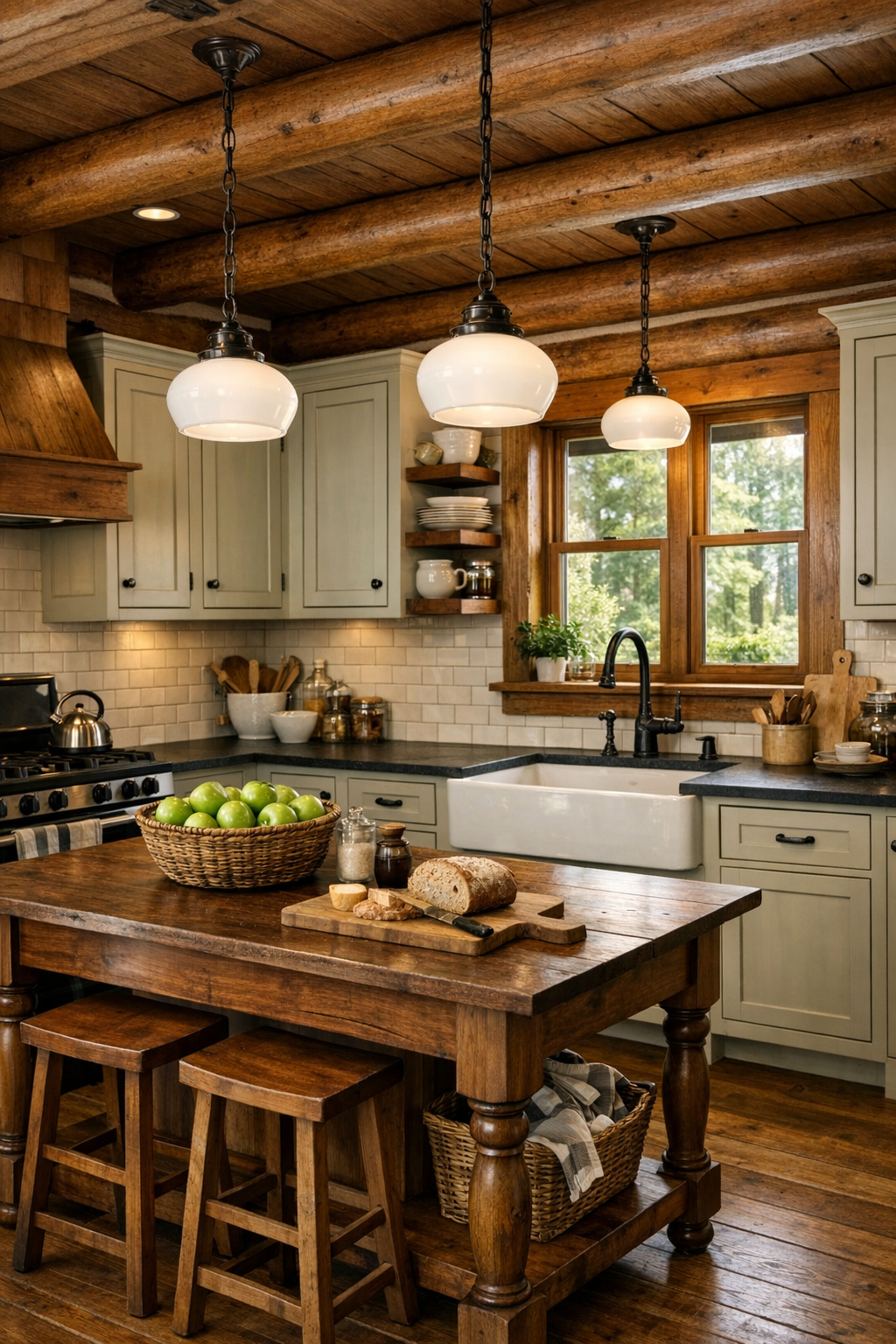 Classic rustic kitchen with cream cabinets and farmhouse sink
