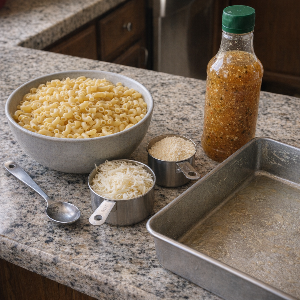 Simple ingredients for baked zesty Italian macaroni arranged on a countertop
