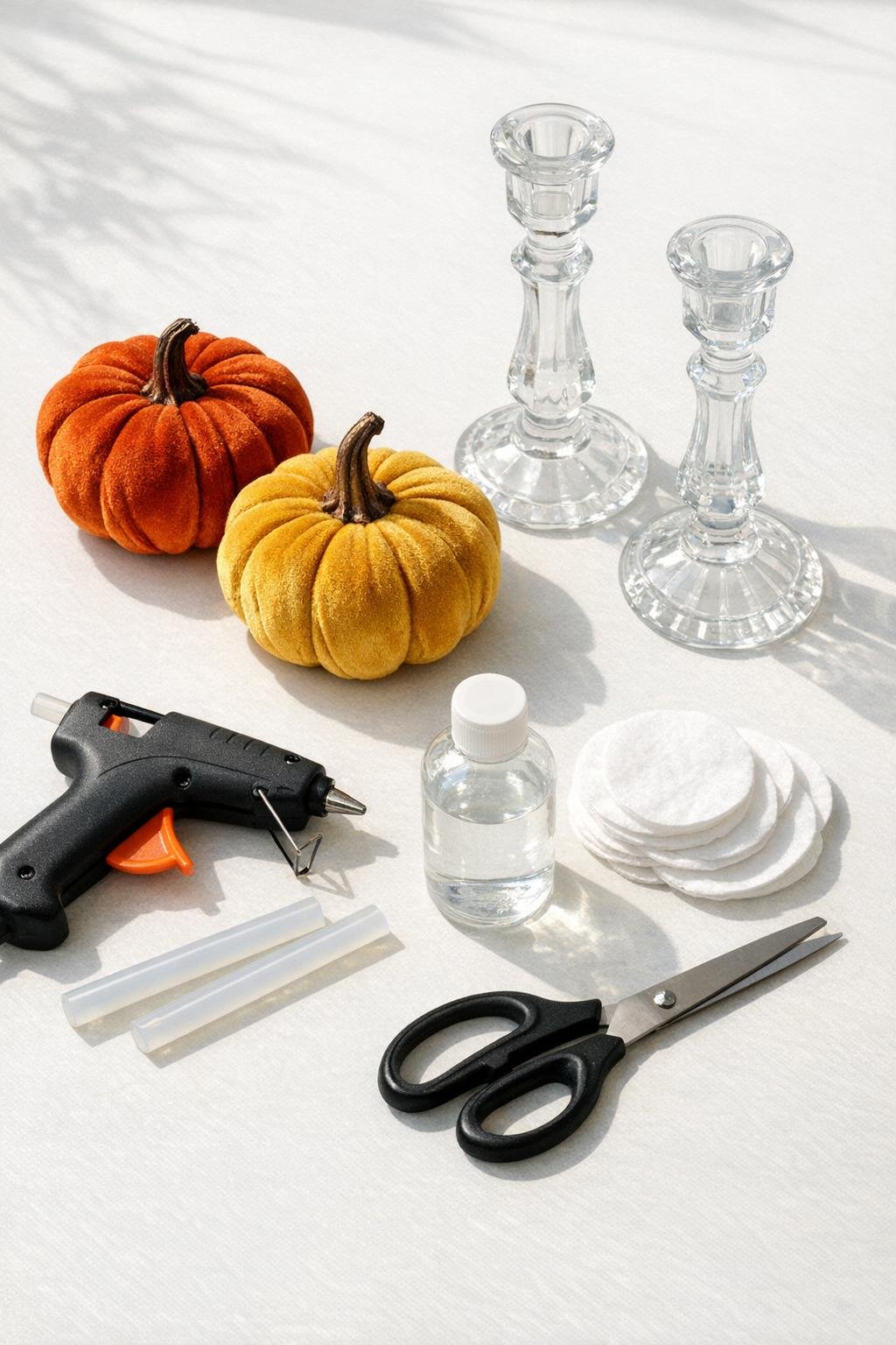 Materials for a pumpkin and glass candlestick tiered stand laid out on a table
