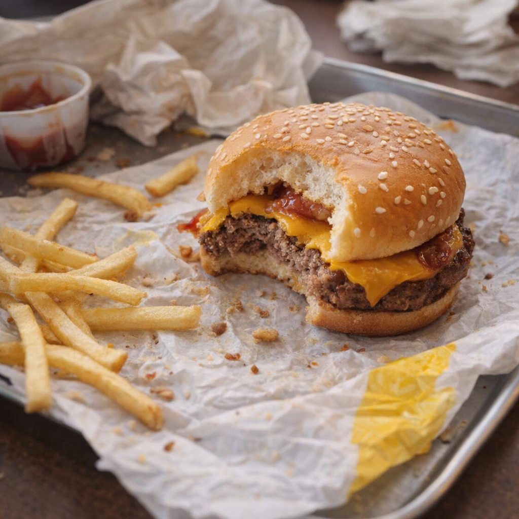 Half-eaten burger meal with wrappers and fries