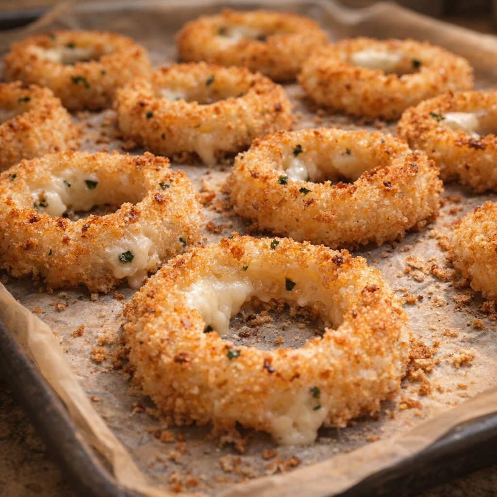 Freshly baked onion rings cooling on a parchment-lined tray