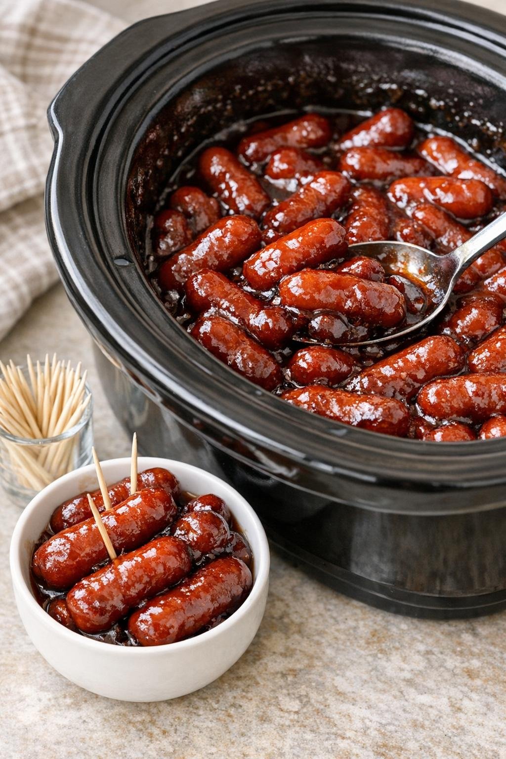Finished little smokies in glossy grape barbecue sauce