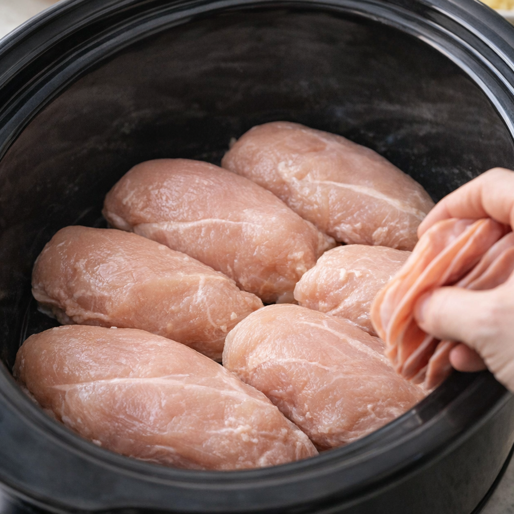 Chicken breasts arranged in a slow cooker