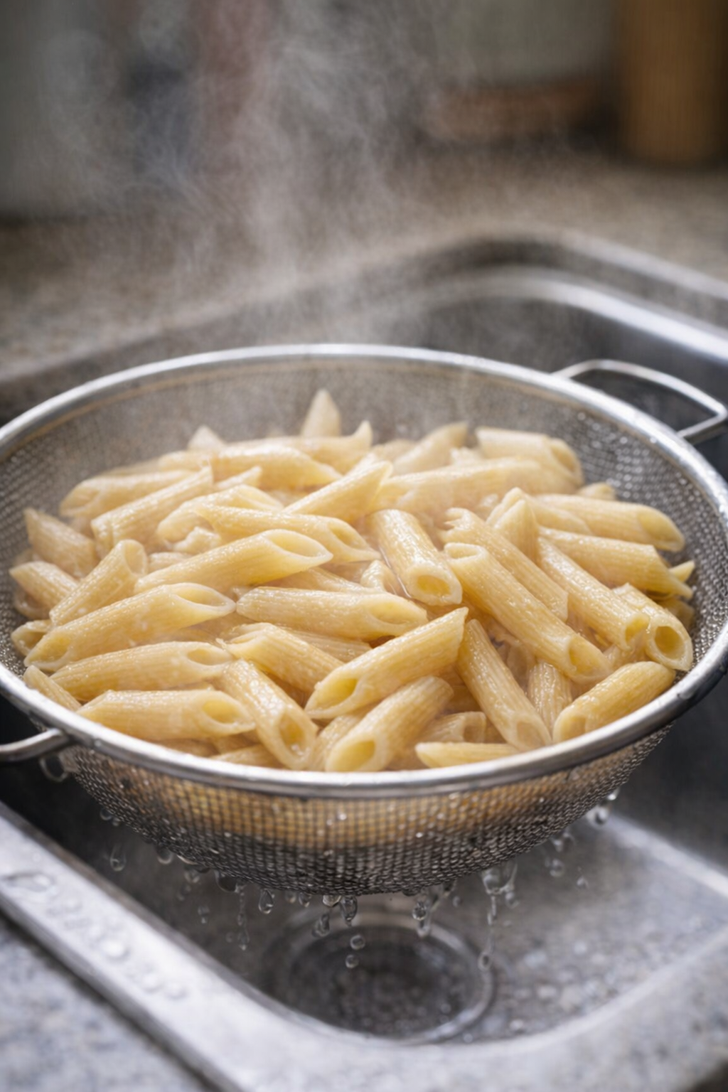 Gekookte penne die uitlekt in een vergiet.
