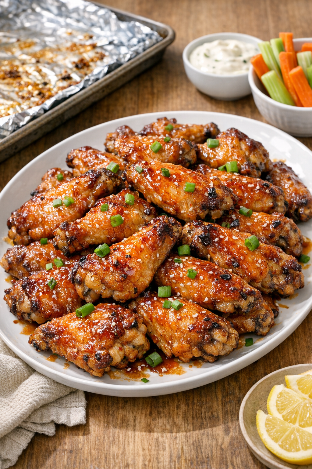 Finished baked chicken wings plated on a serving platter