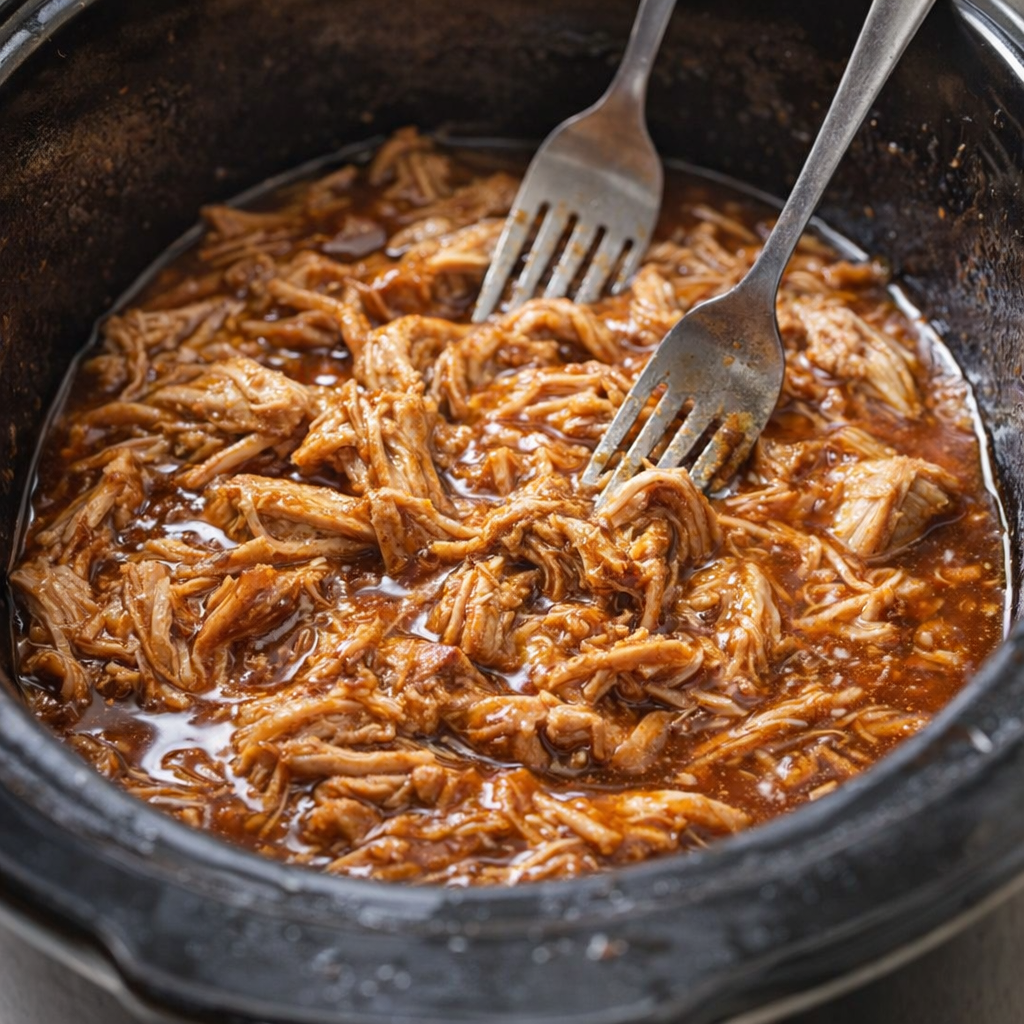 Shredded pork being tossed back into the sauce