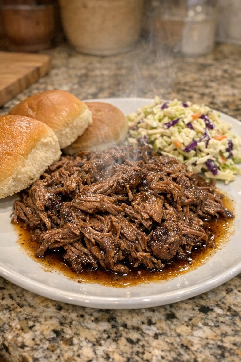 Plated shredded beef made from chuck eye roast
