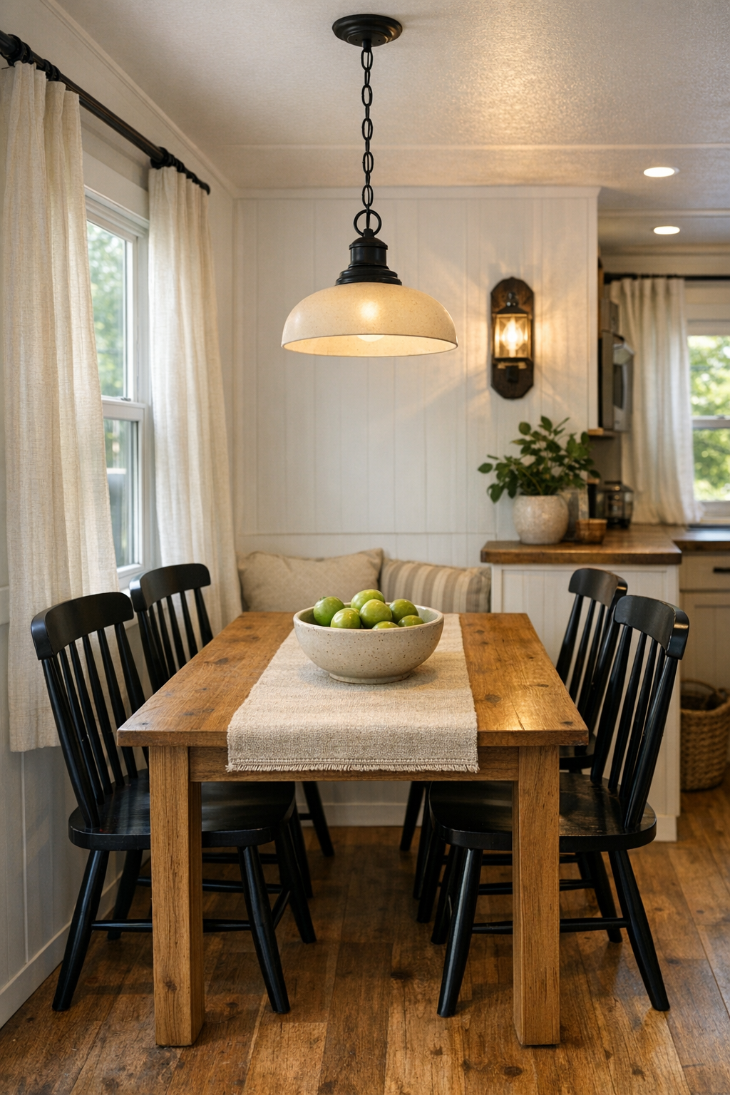Cozy farmhouse dining area with a natural wood table and black chairs