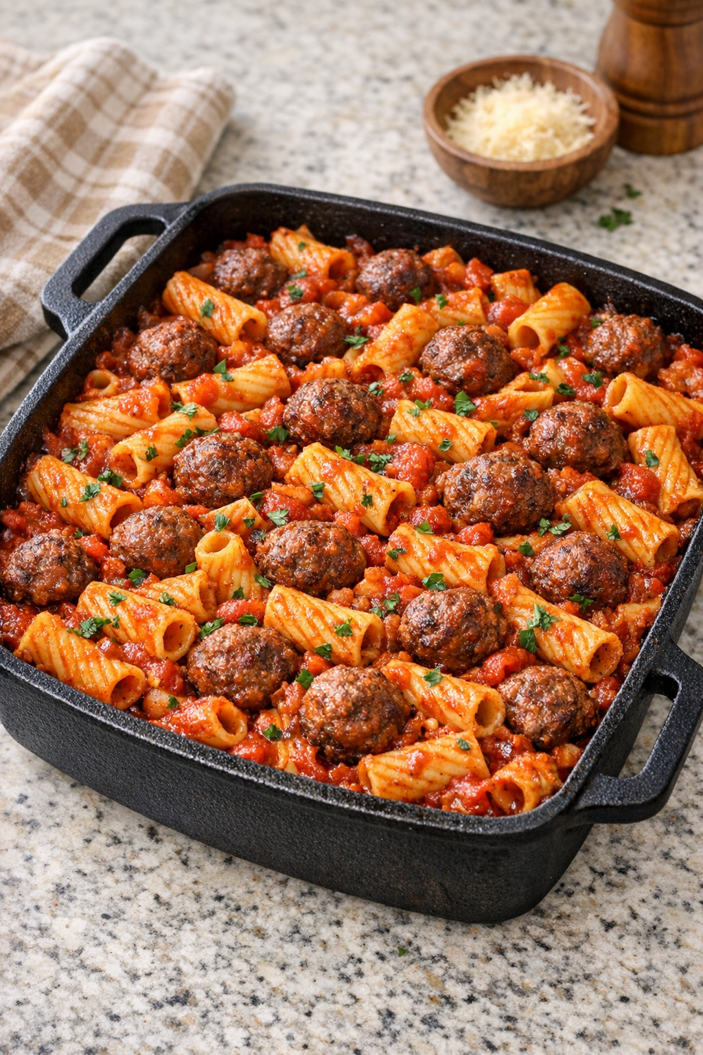 Finished baked meatball macaroni in a cast iron pan
