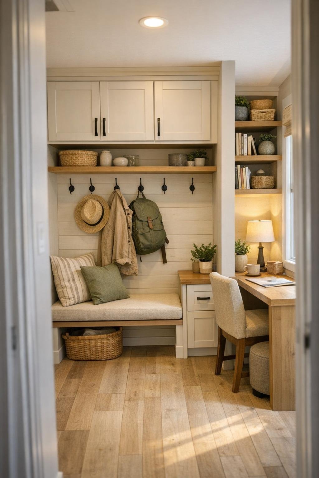 Functional entry and multipurpose nook with built-in storage inside a modern park model RV