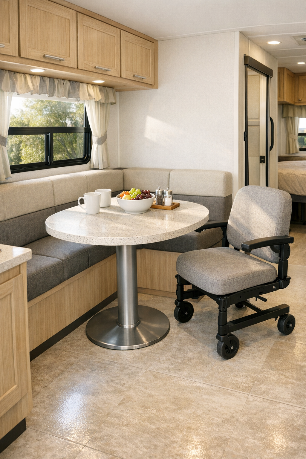 Compact RV dining nook with a rounded table, bench seating, and light wood finishes