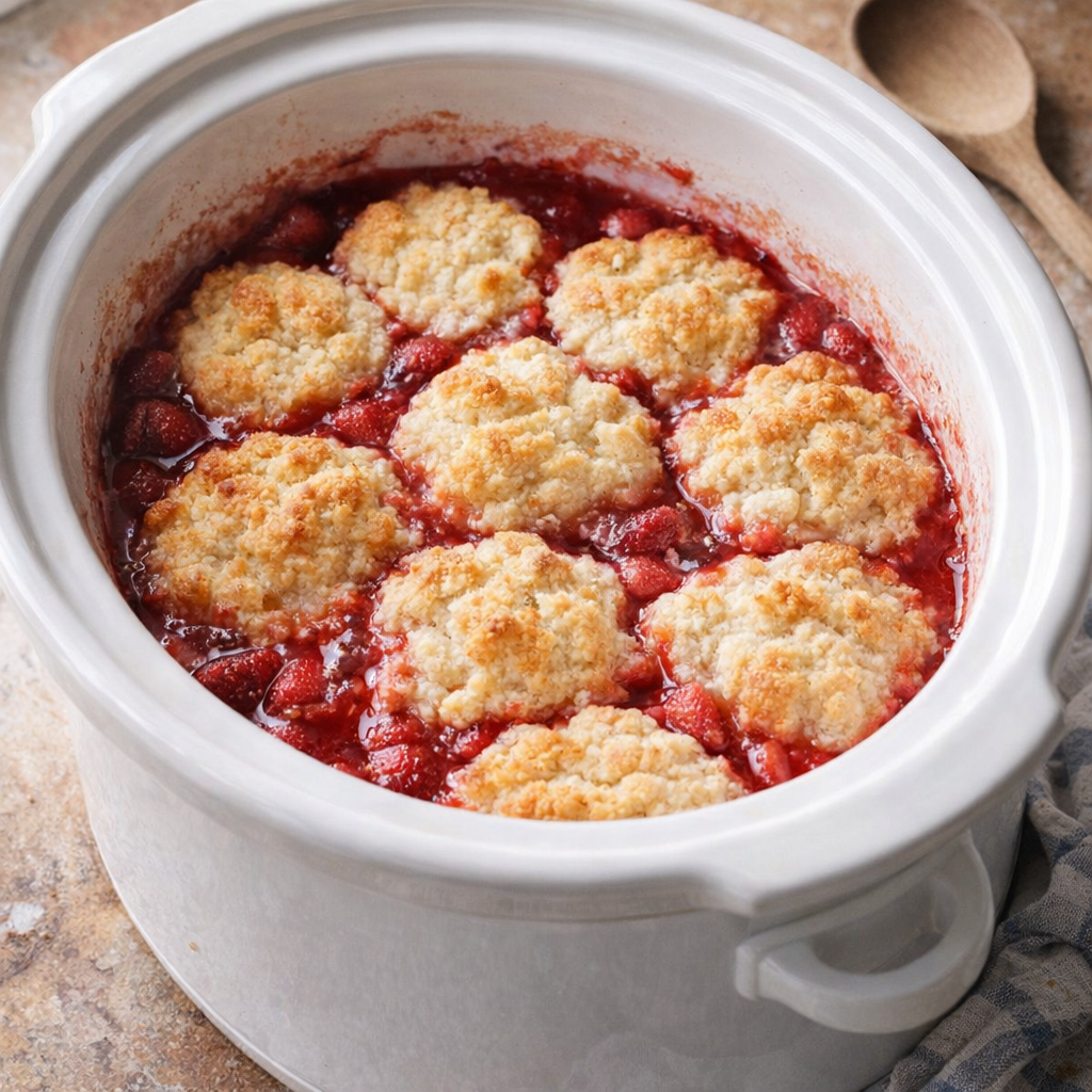 Slow cooker strawberry cobbler in a farmhouse kitchen