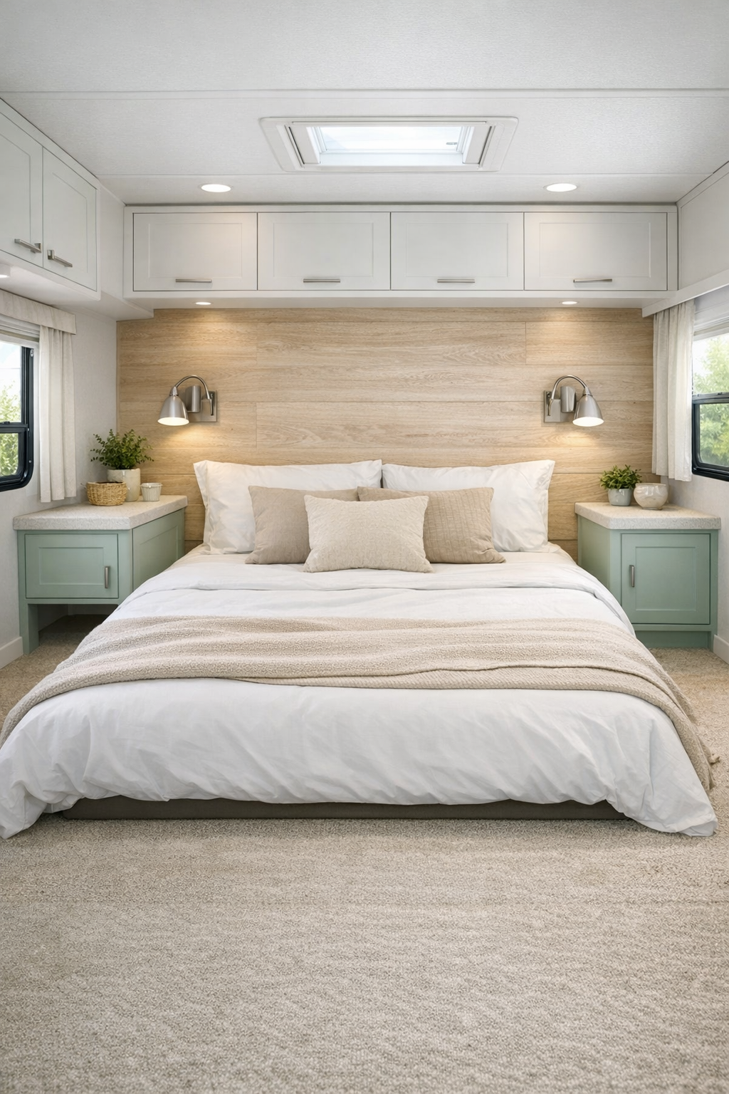 Soft accessible RV bedroom with low bed and pale wood wall