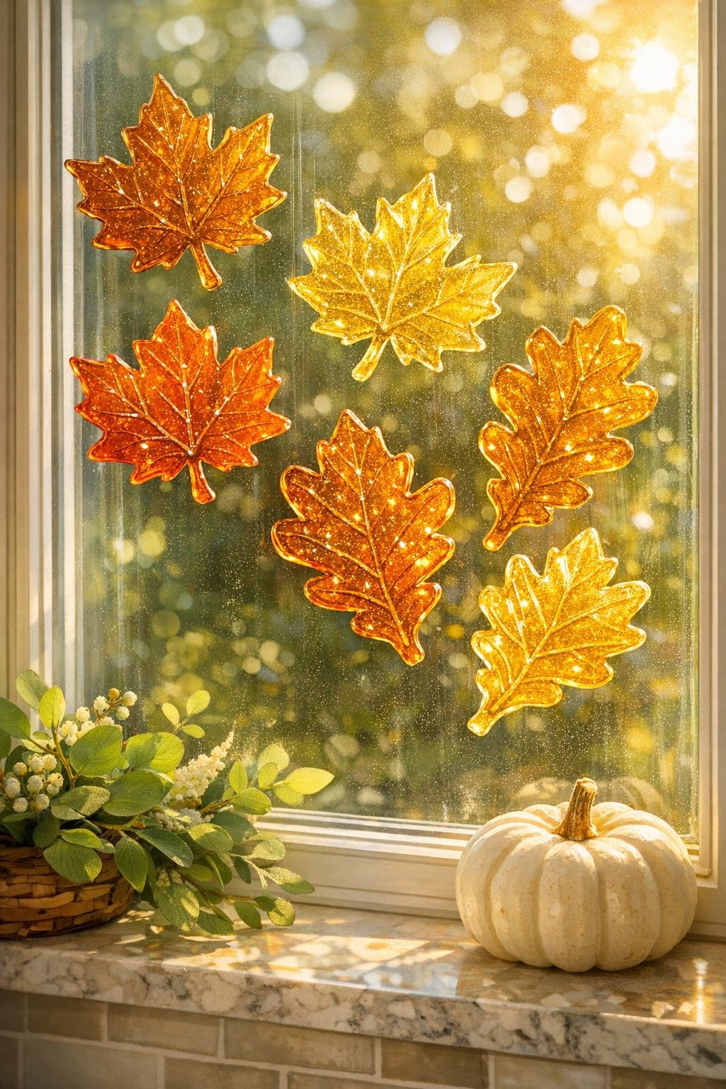 Finished hot glue leaf window clings displayed on a sunny window