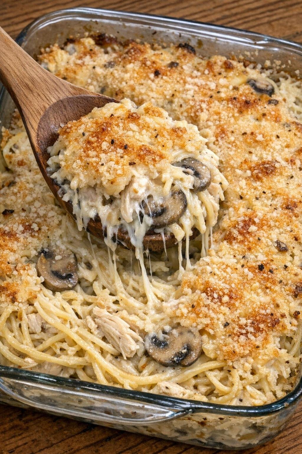Finished chicken tetrazzini casserole with a golden top