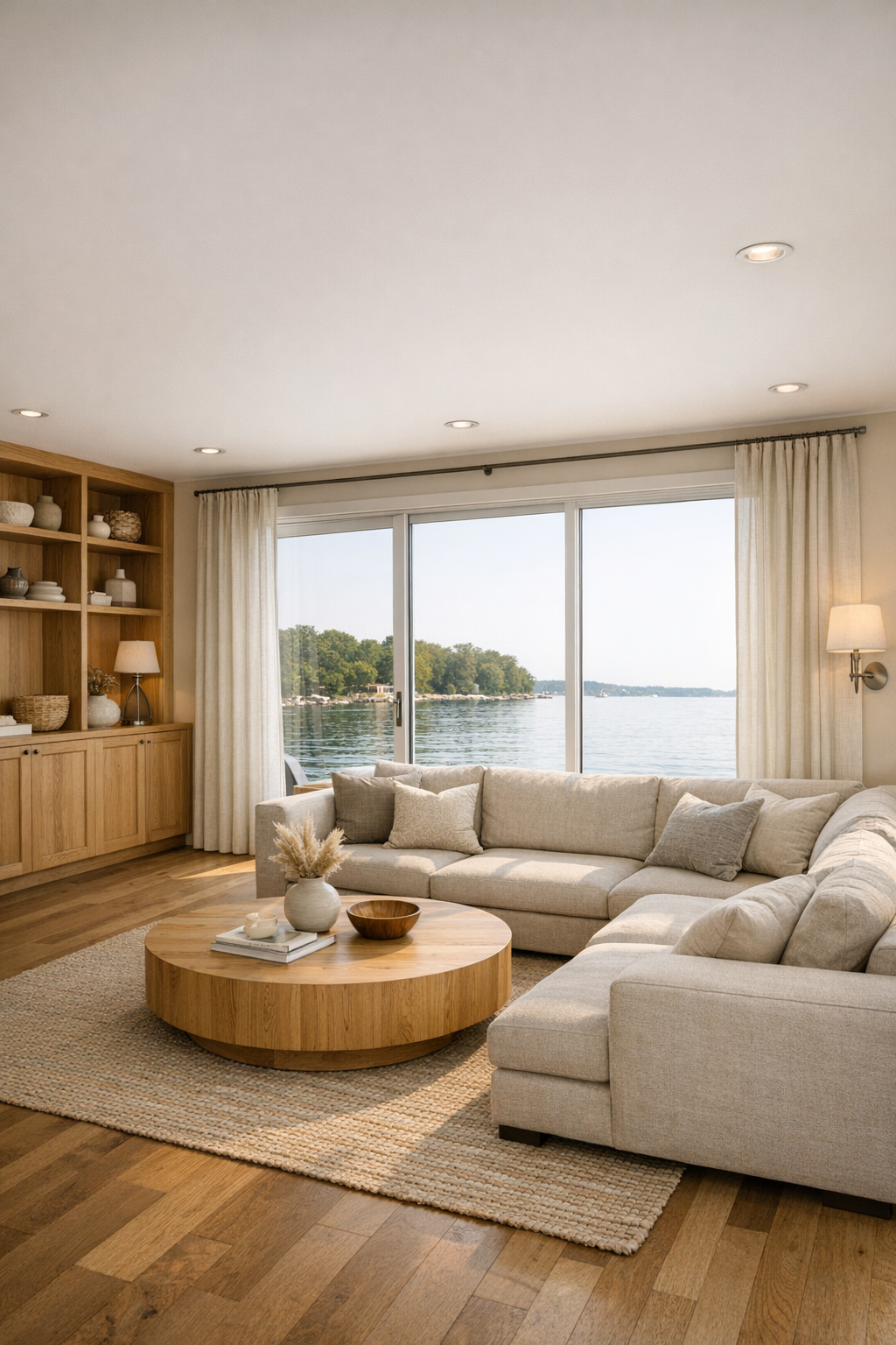 Bright coastal living room with low sectional, oak finishes, and wide water views