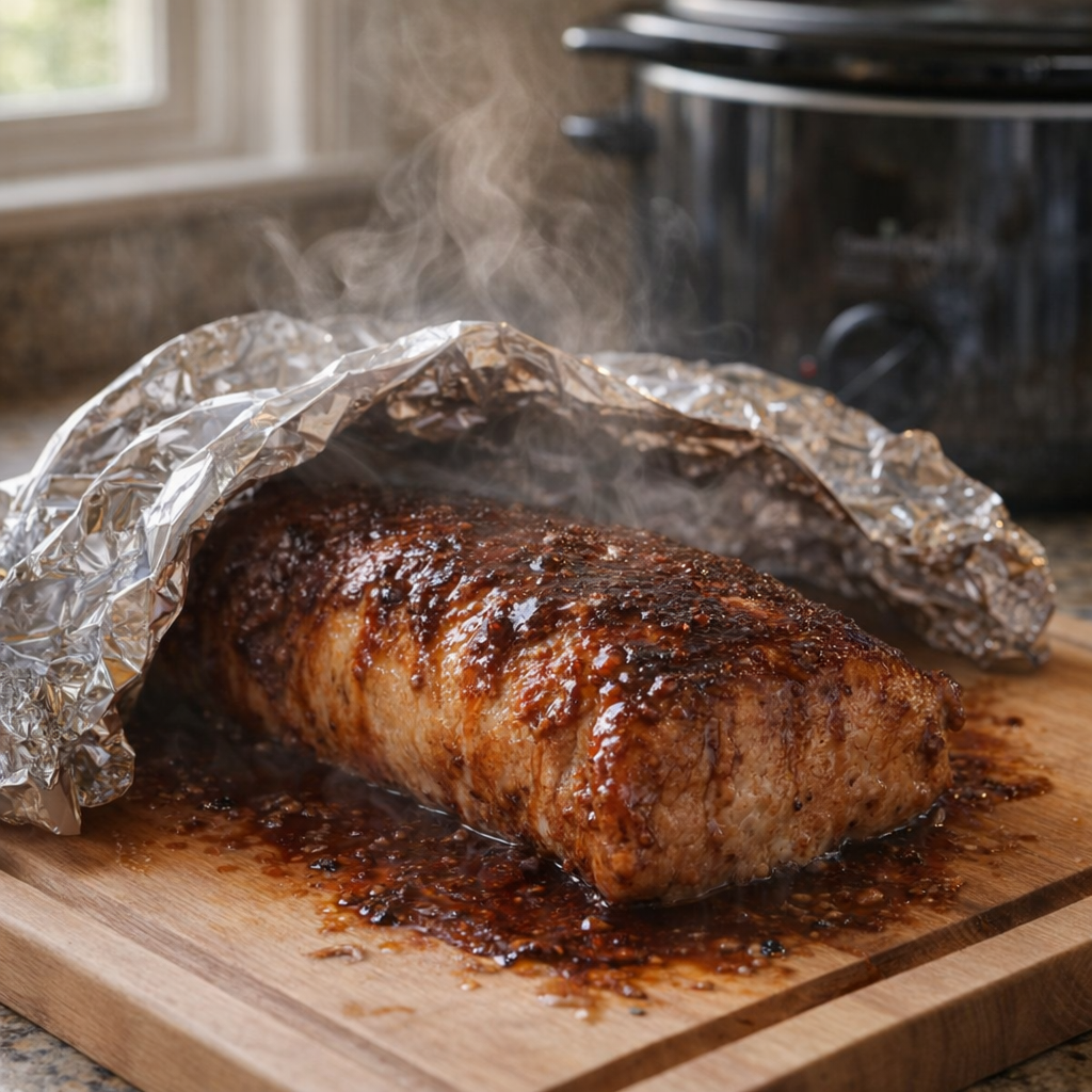 Cooked pork loin resting on a cutting board under foil