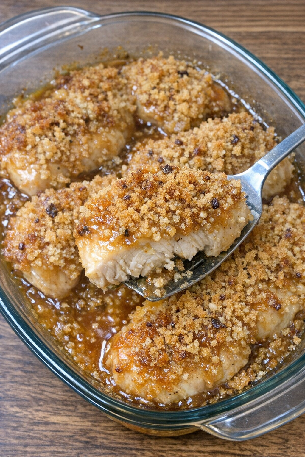 Finished baked chicken medallions in glass dish