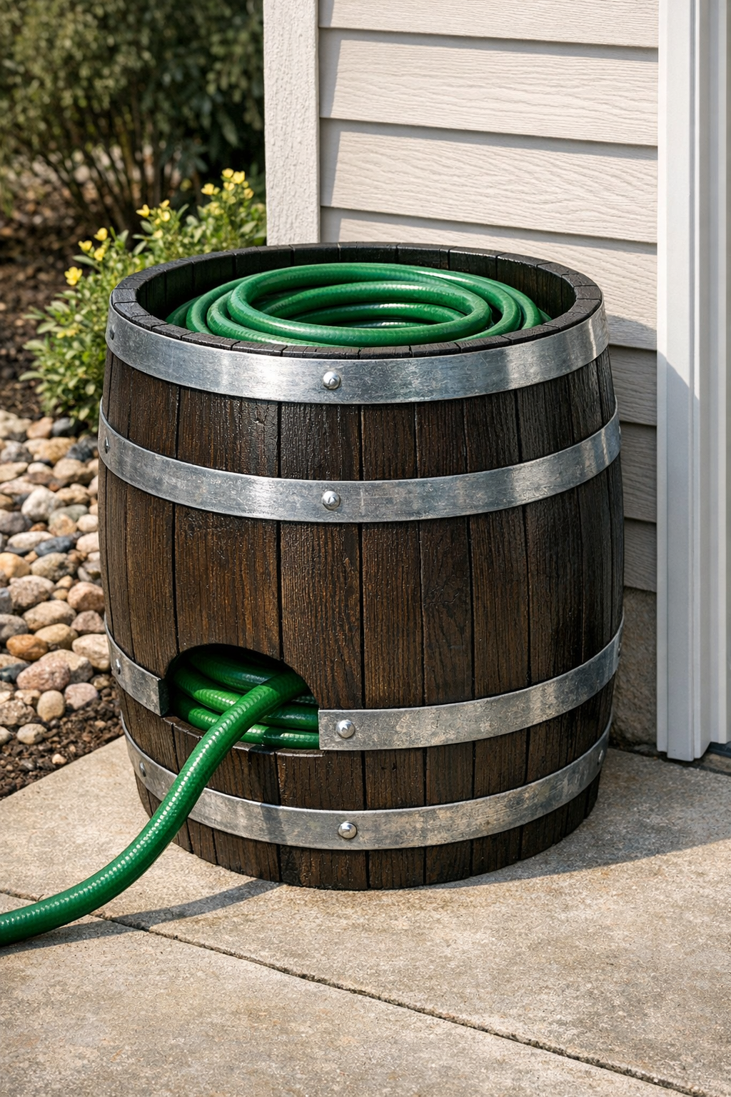 Finished painted whiskey barrel planter storing a coiled green garden hose by the garage