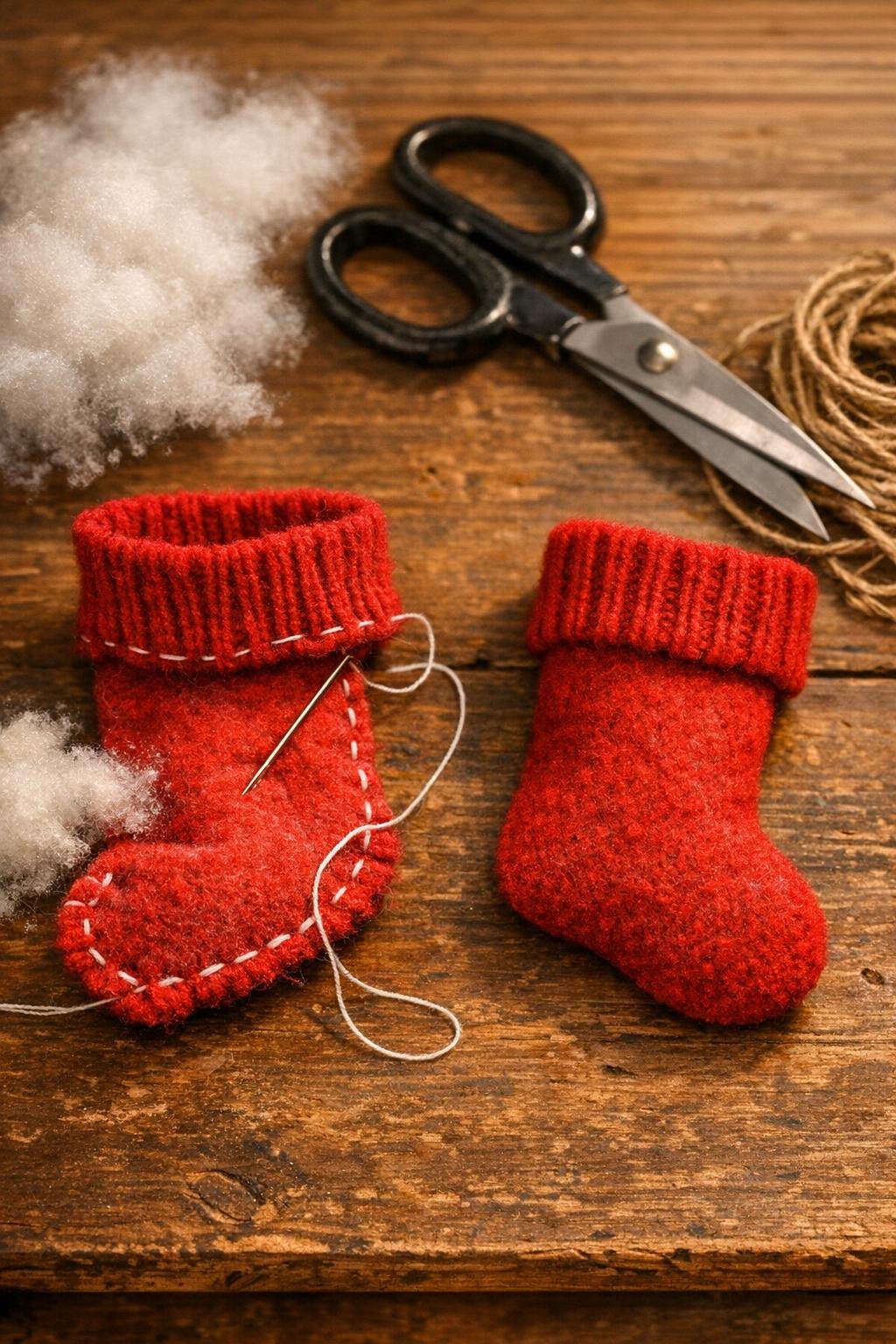 Mini sweater stocking ornaments being shaped from ribbed knit pieces