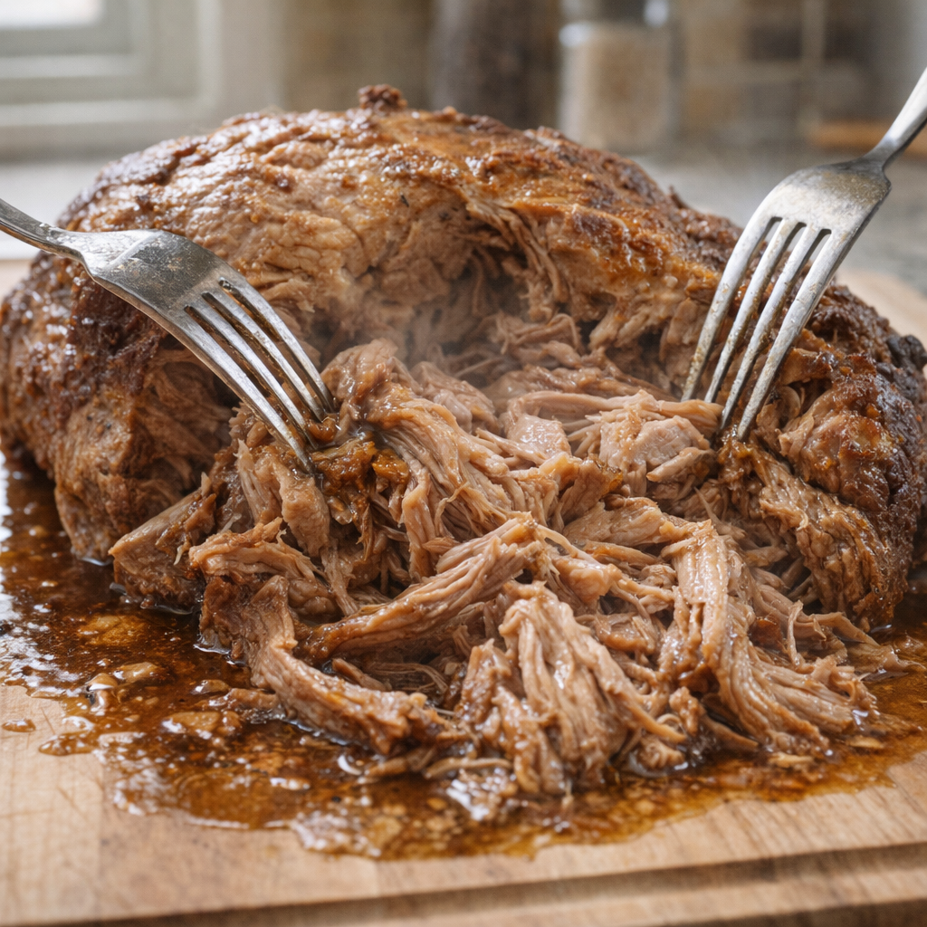 Tender cooked pork being pulled into large pieces on a cutting board