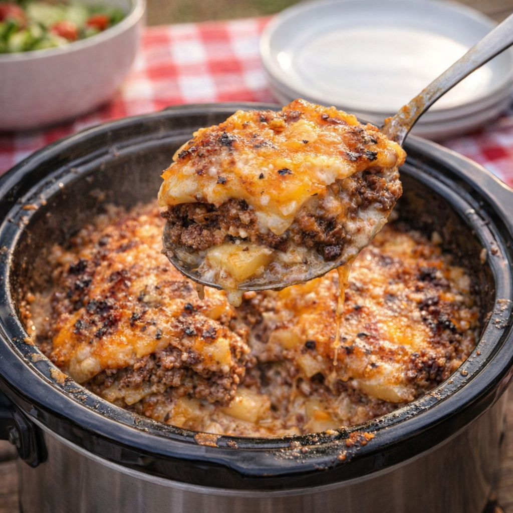 Slow cooker beef and potato bake served family-style