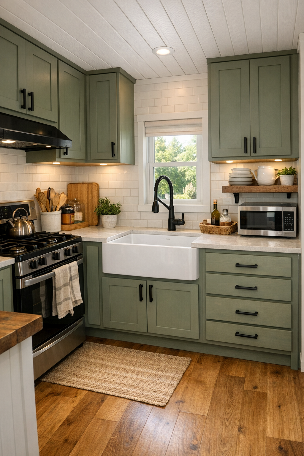 Farmhouse RV kitchen with sage cabinetry, light counters, and an apron-front sink
