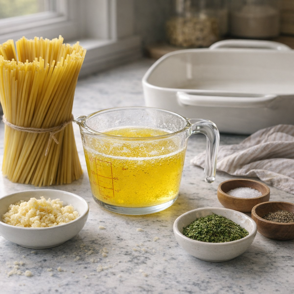 Ingredients for cowboy butter pasta arranged on a kitchen counter