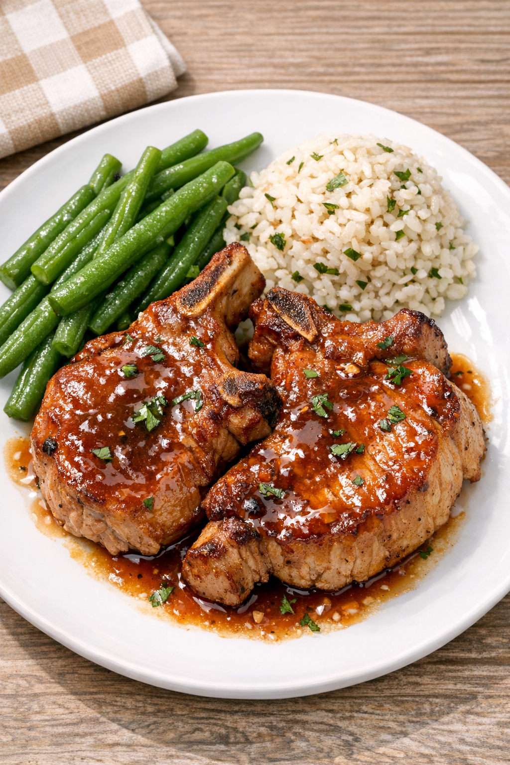 Finished slow cooker pork rib chops plated with sauce