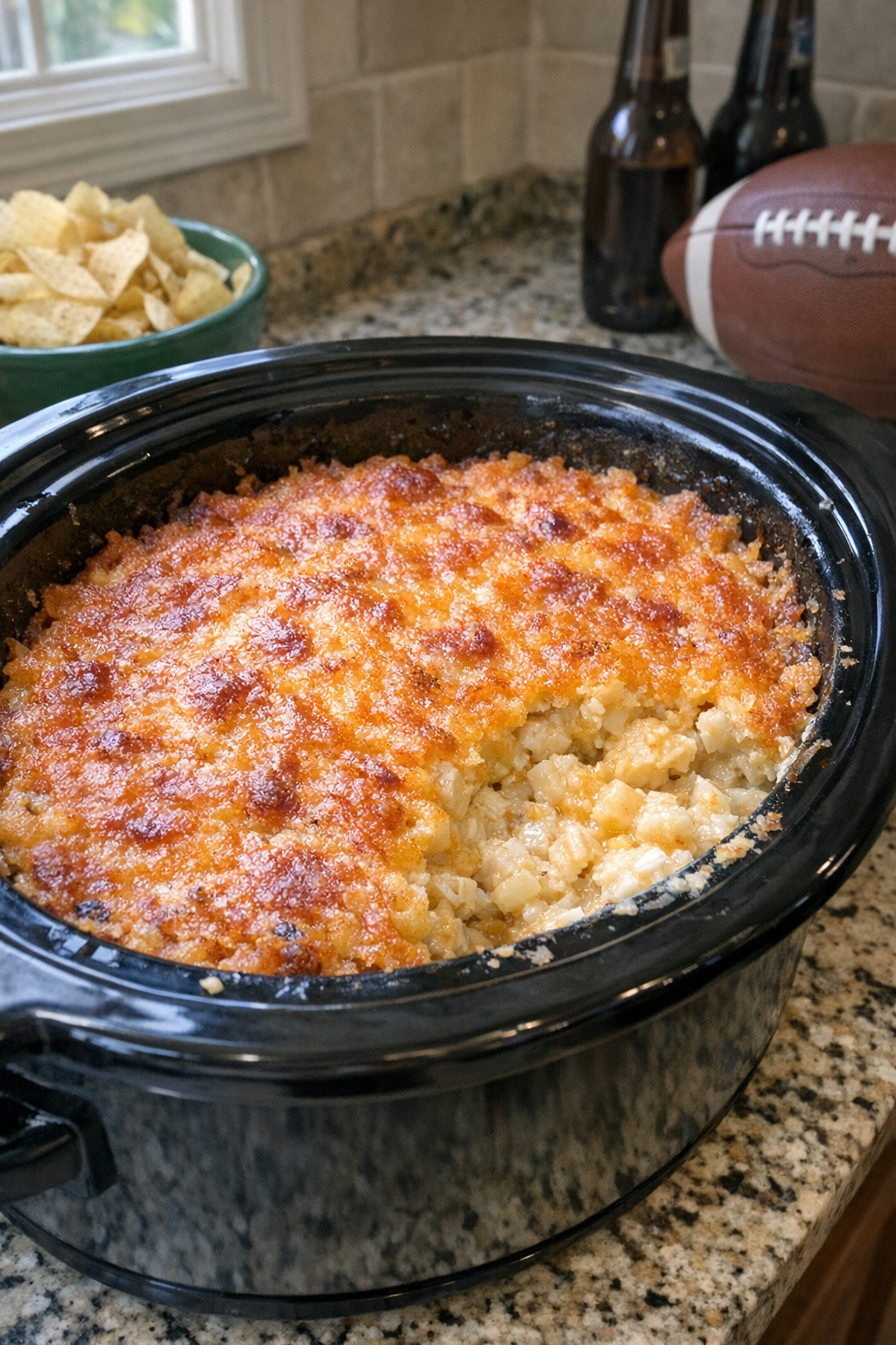 Finished cheesy hash brown casserole in slow cooker