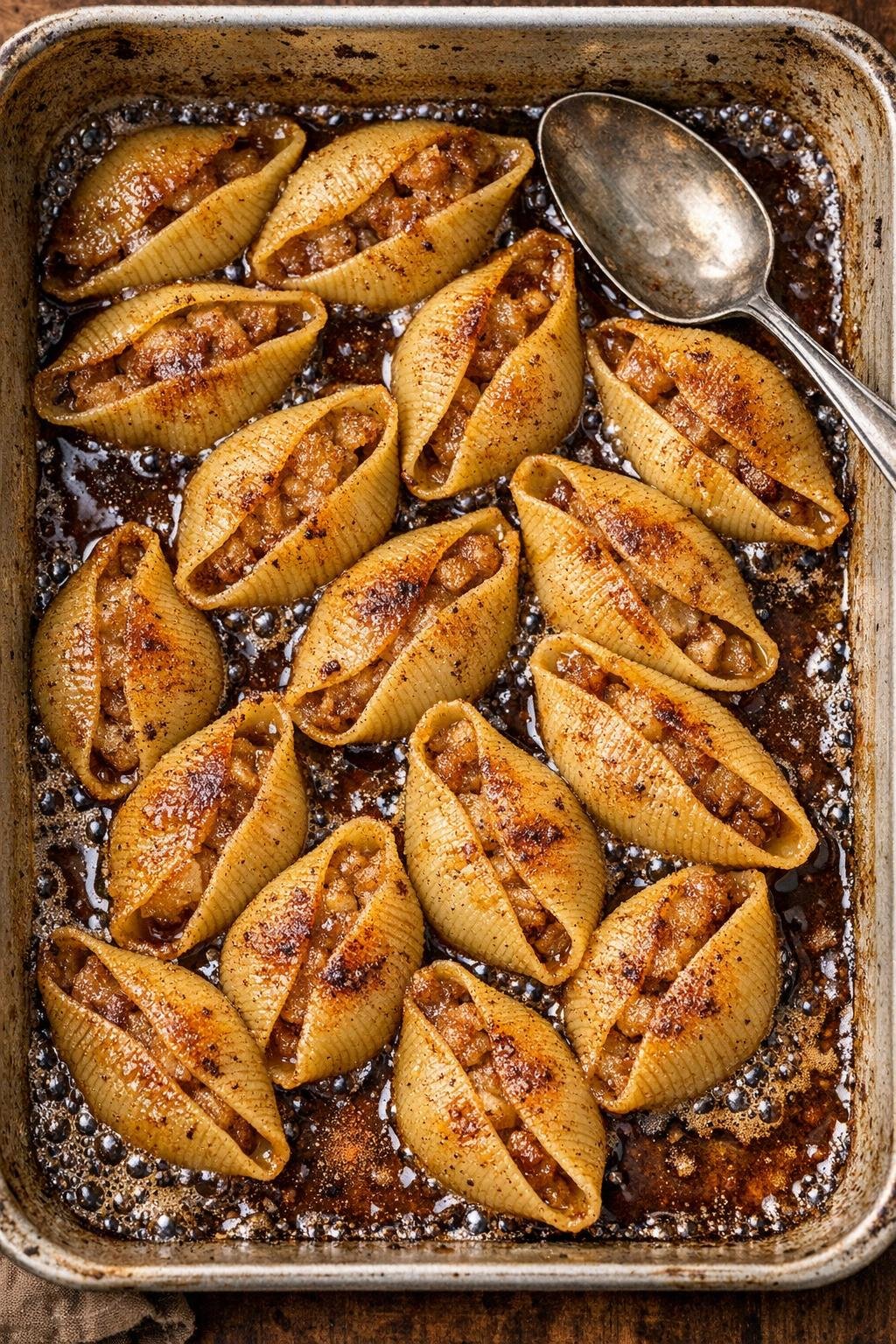 Finished baked jumbo shell dessert in a metal roasting pan