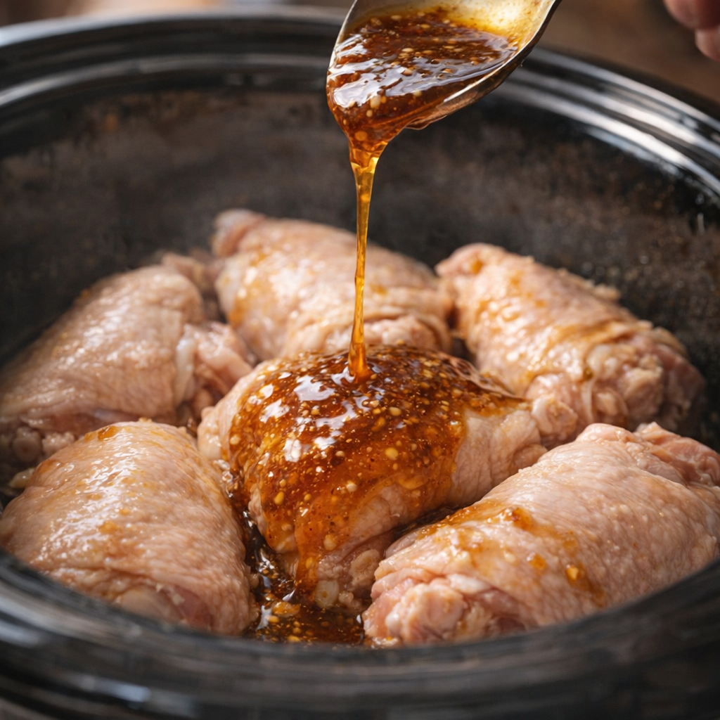 Chicken pieces being coated with glaze in the slow cooker