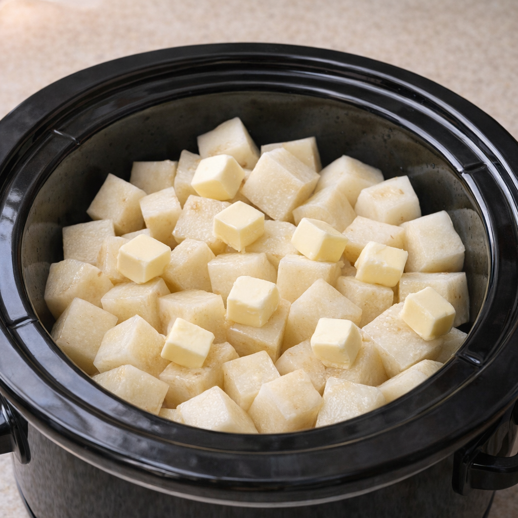Cubed potatoes and butter pieces layered in a slow cooker