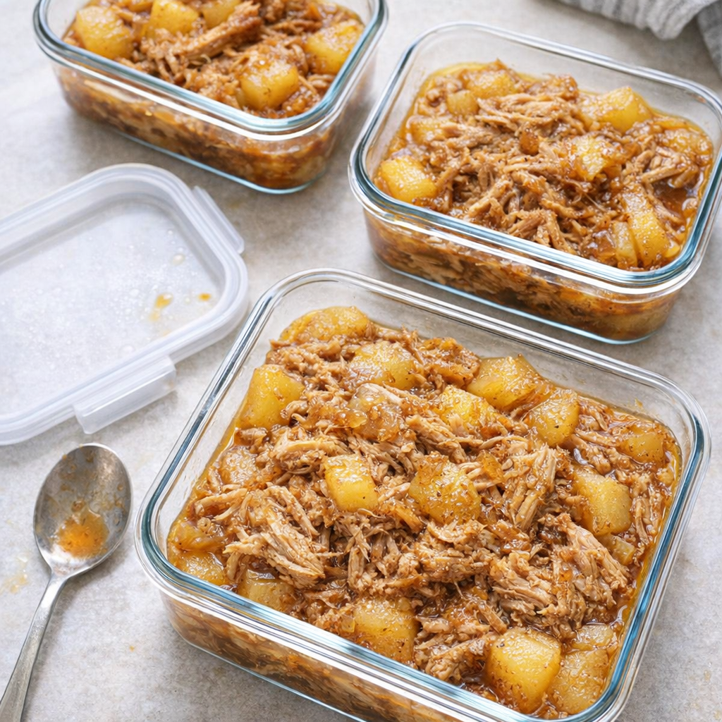 Meal prep containers filled with shredded apple cider pork