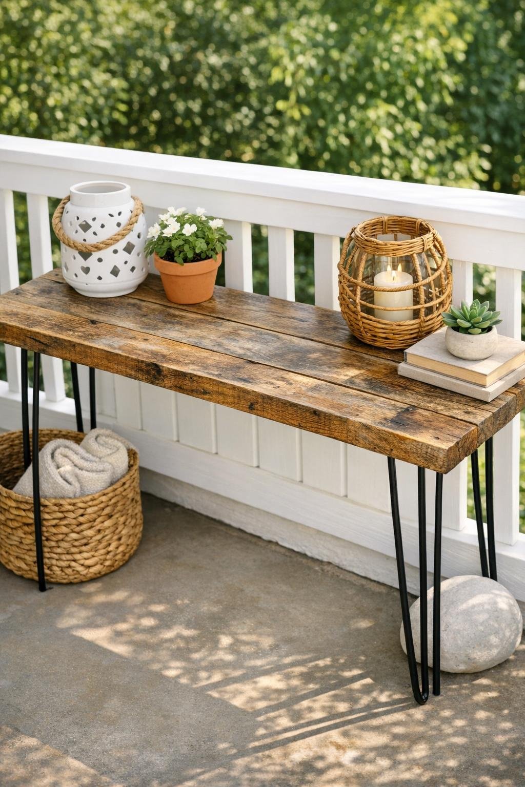 Finished rustic outdoor console table with reclaimed wood top and black hairpin legs against a porch railing