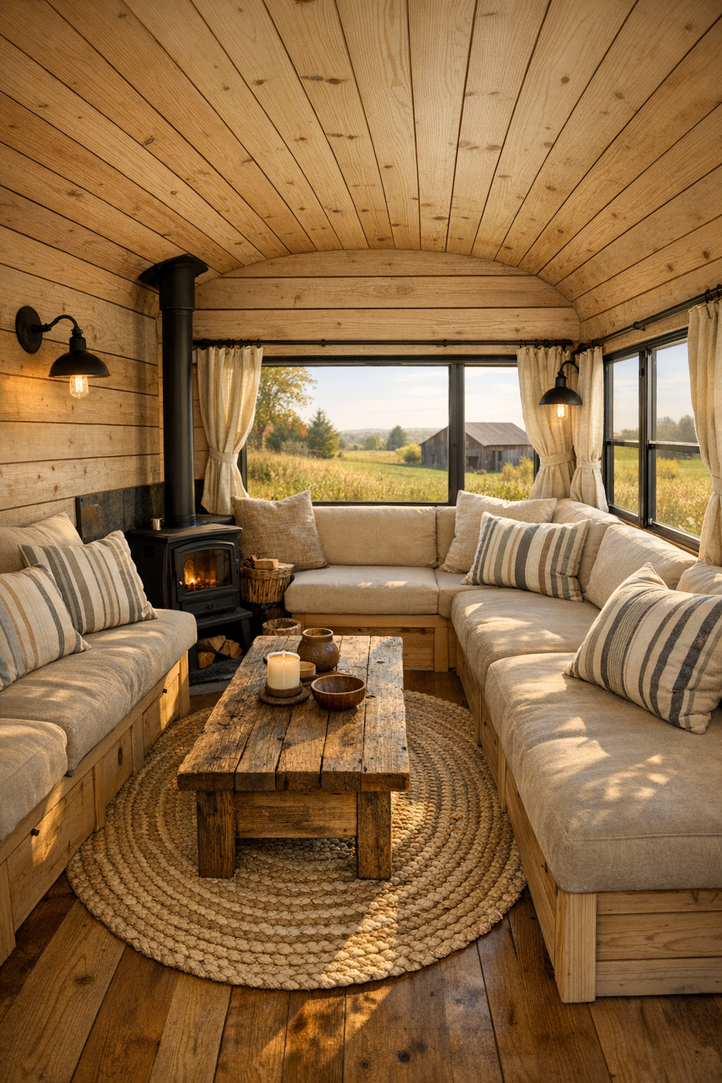 Cozy bus living room with built-in bench seating, light wood walls, and wide windows overlooking a homestead