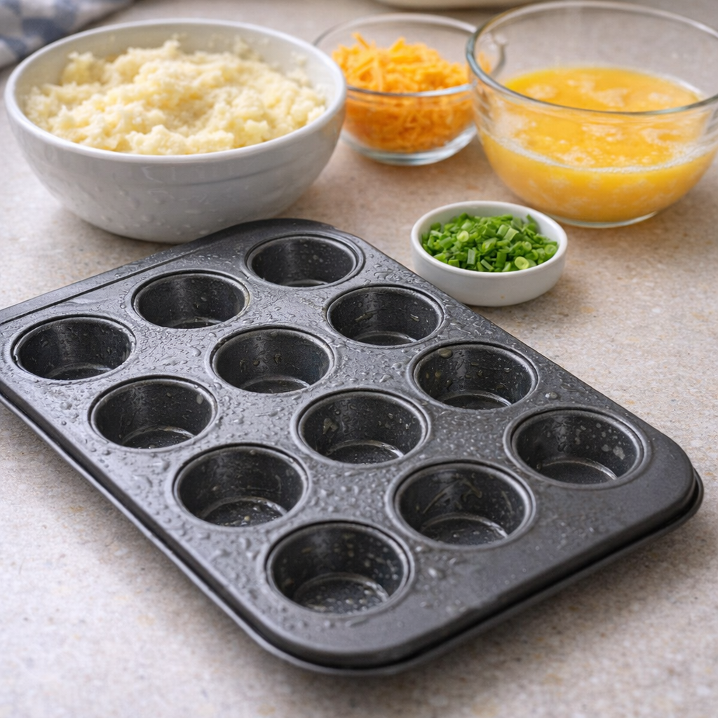 Mini muffin pan prepared for potato puffs